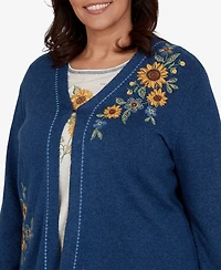 Alfred Dunner Plus V-Neck Long-Sleeve Floral-Embroidered Cotton-Blend Cardigan Sweater