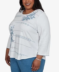 Alfred Dunner Plus Floral-Print 3/4-Sleeve Cotton-Blend T-Shirt