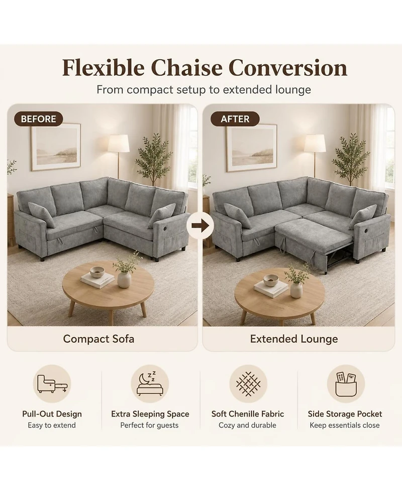 gaomon L-Shaped Sleeper Sofa, Chenille Sectional Couch with Storage, Khaki, Pull-Out Bed, Reversible Chaise and 286 Lb per Seat Support