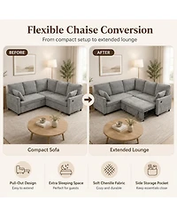 gaomon L-Shaped Sleeper Sofa, Chenille Sectional Couch with Storage, Khaki, Pull-Out Bed, Reversible Chaise and 286 Lb per Seat Support