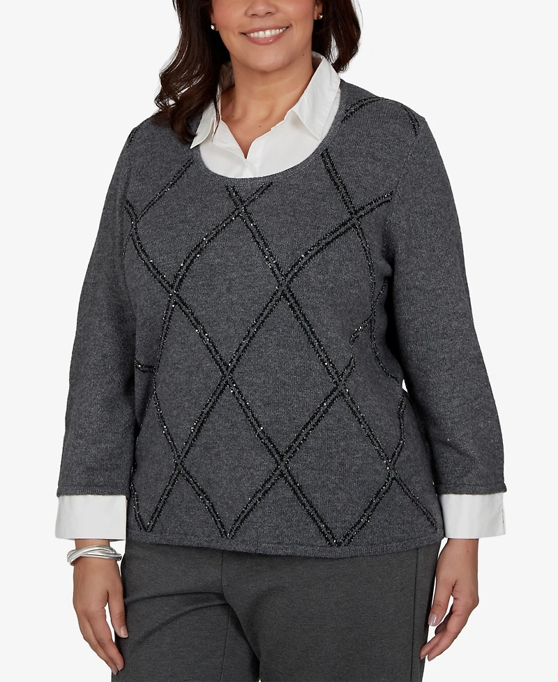 Alfred Dunner Plus Sequin 3/4-Length Sleeve Sweater