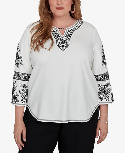 Alfred Dunner Plus 3/4-Sleeve Keyhole Neck Cotton-Blend Blouse