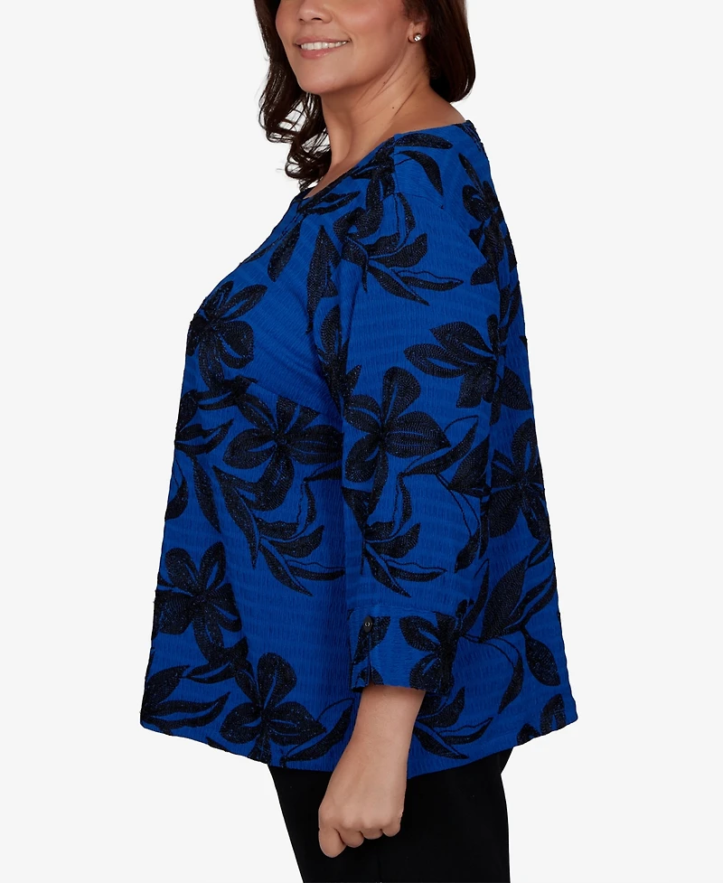 Alfred Dunner Plus Calm Luxe Floral Textured-Knit Boat Neck Blouse