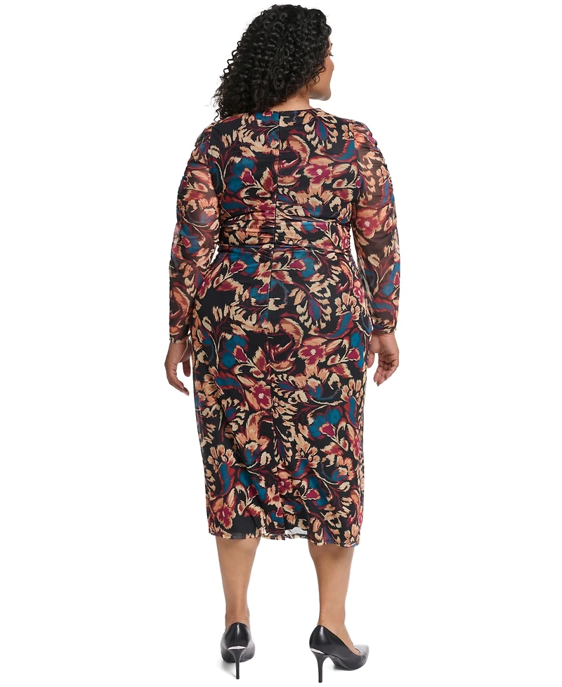 Vince Camuto Plus Ptd Mesh Twist Neck Body Floral-Print Turtleneck Dress