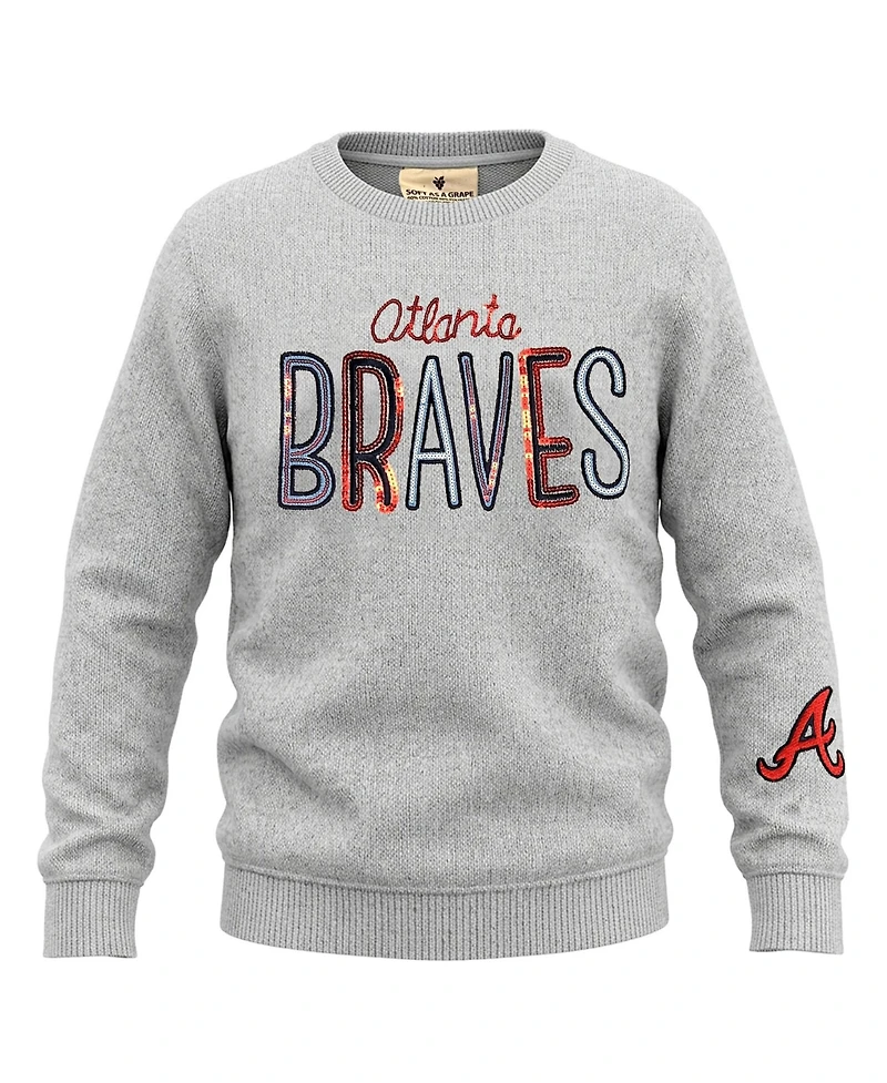 Soft As A Grape Big Girls Heather Gray Atlanta Braves Nantucket Sequin Fleece Crewneck Sweatshirt