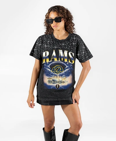 Gameday Couture Women's Los Angeles Rams Sky's the Limit Washed Micro Rhinestone Drop-Shoulder T-Shirt