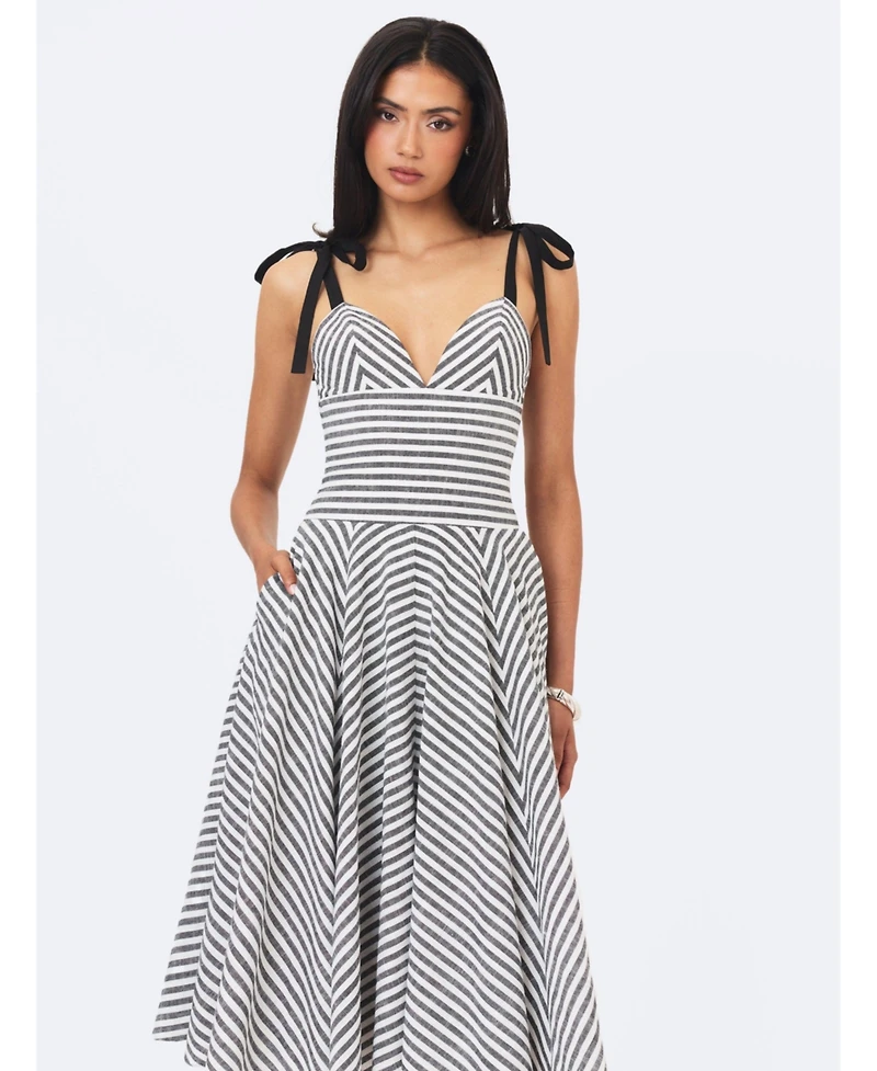 Miss Circle Women's Riley Black and White Striped Linen Flared Midi Dress