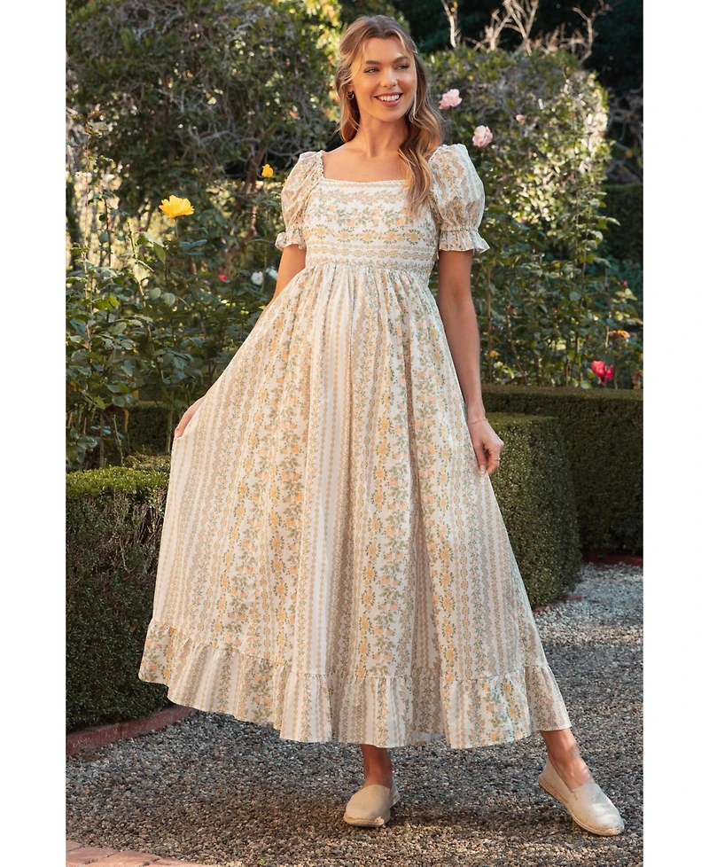 Pinkblush Women's Peach Floral Puff Sleeve Lace Trim Maxi Dress