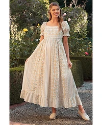 Pinkblush Women's Peach Floral Puff Sleeve Lace Trim Maxi Dress