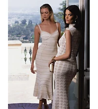 Miss Circle Women's Xiomara Beige and Gold Stripe Crochet Knit Mermaid Midi Dress