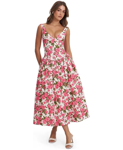 Miss Circle Women's Wilfreda Blooming Pink Floral Linen Sweetheart Midi Dress