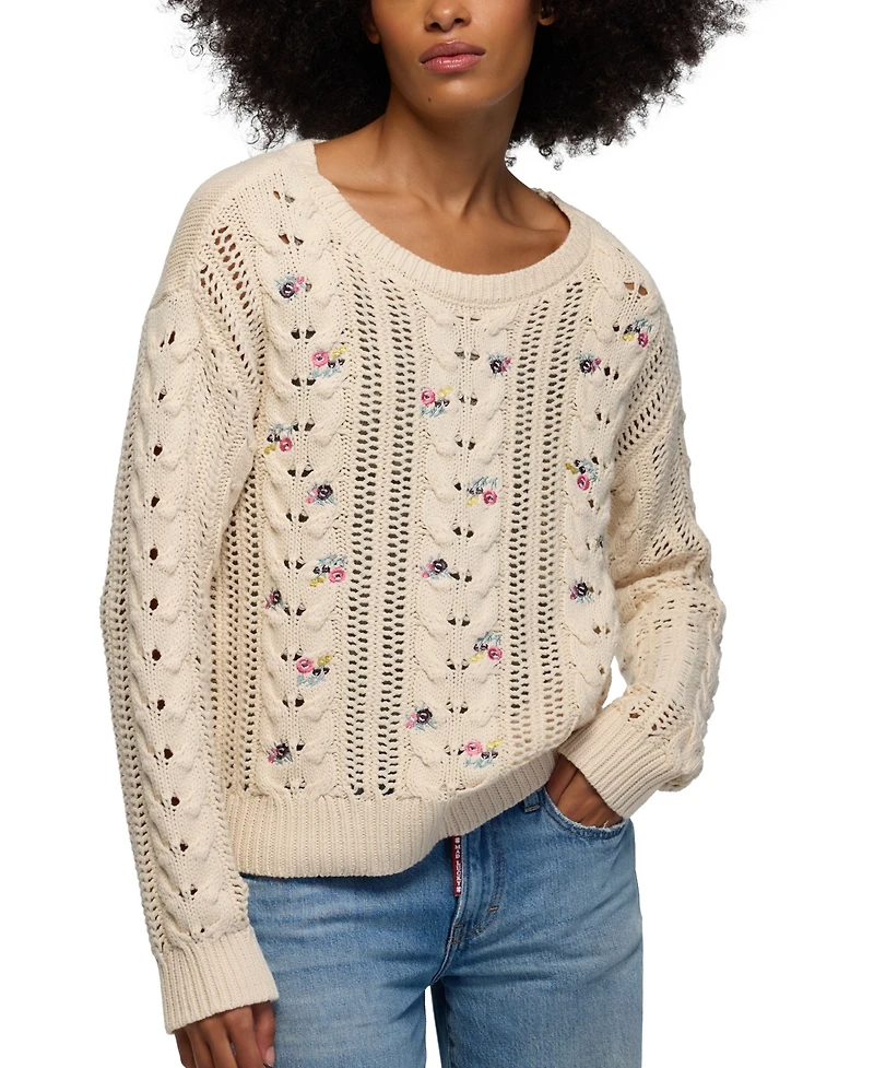 Lucky Brand Women's Floral-Embroidered Cable-Knit Crewneck Sweater