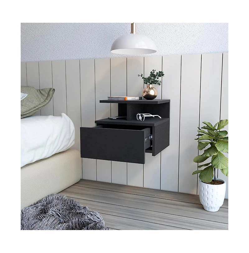 Flynama Wengue Floating Nightstand, Wall-Mounted Single Drawer and Top Shelf Storage Side Table