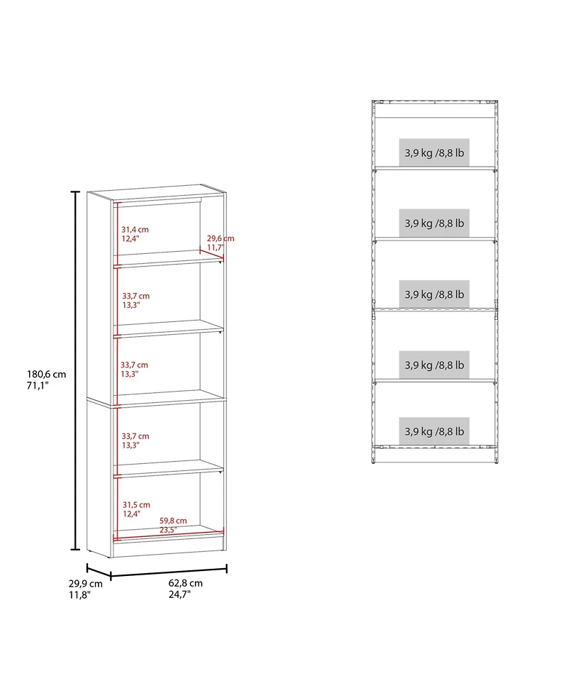 Fm Furniture Dam Bookcase with Open Storage and 5 Shelves