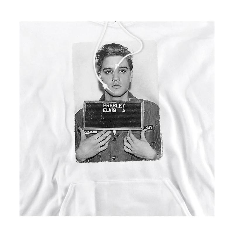 Elvis Men's Army Mug Shot Graphic Kangaroo-Pocket Cotton-Polyester Blend Pullover Hoodie