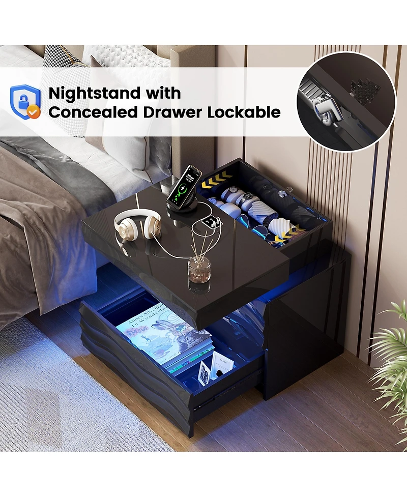 Vlsrka 23.6" Wide Nightstand Set of 2 - Drawers, Hidden Storage, Led Light