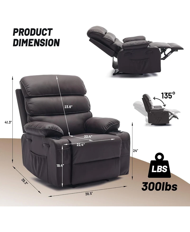 homfan Wide Linen Fabric Recliner Chair, 360 degree Swivel Rocking Chair with Heating and Massage Function, Side Pocket Design for Home Relaxation