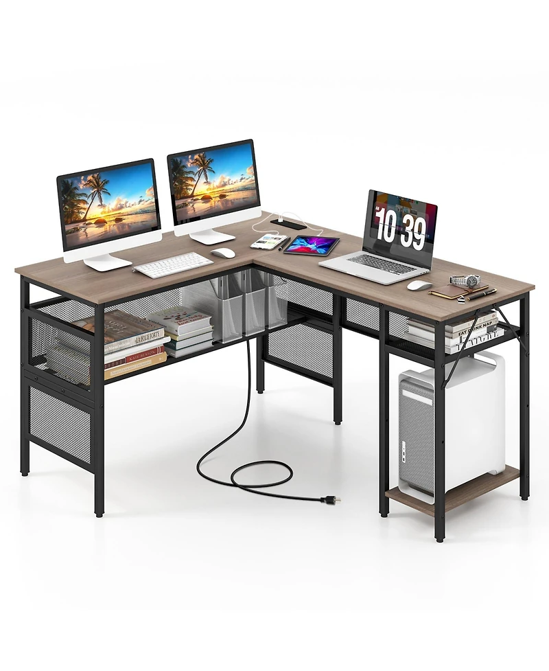 Reversible L-Shaped Computer Desk with Charging Station Adjustable Shelf Cpu Stand