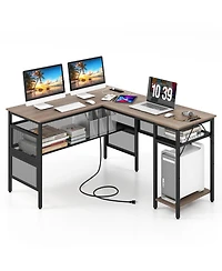 Reversible L-Shaped Computer Desk with Charging Station Adjustable Shelf Cpu Stand