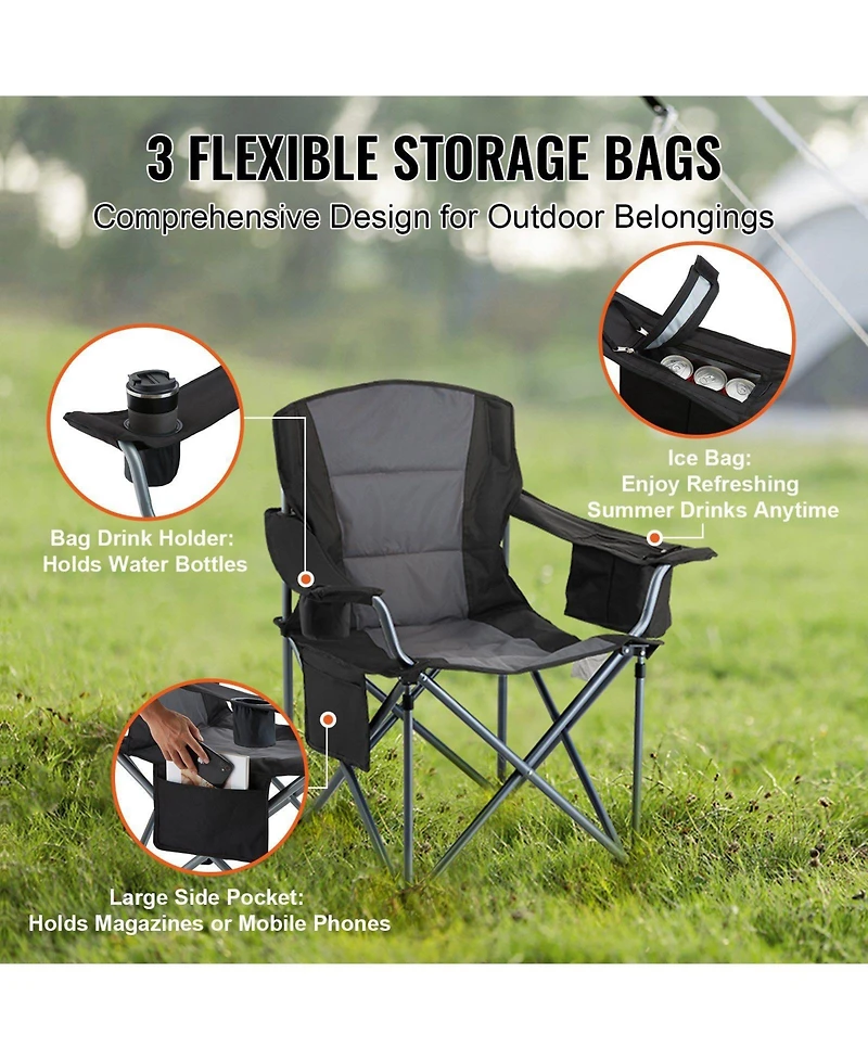 Slickblue Portable Outdoor Camping Chair with Padded Armrests, Side Pockets and Cooler Bag