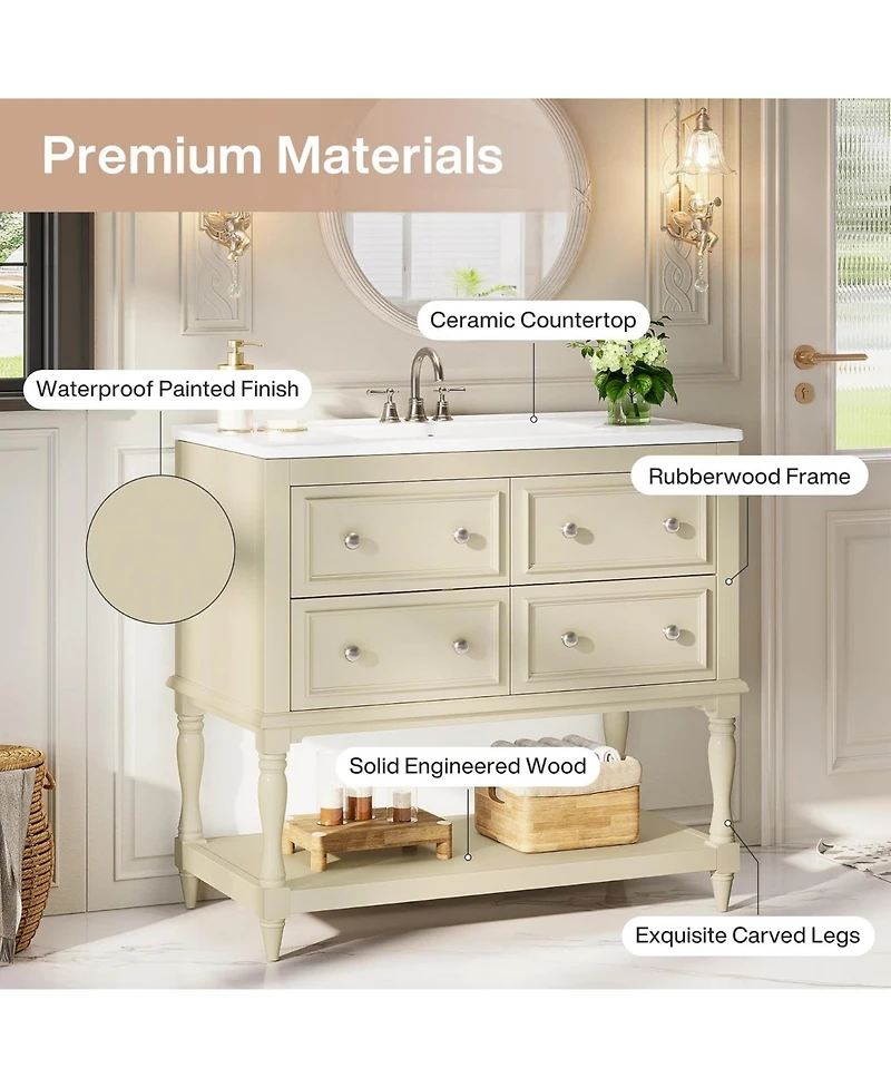 Tribesigns 36" Bathroom Vanity with Ceramic Sink, 4 Drawers