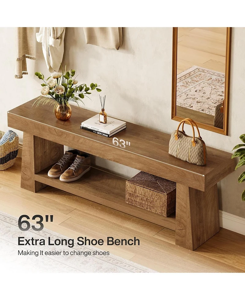 Tribesigns Wooden Entryway Bench with Shoe Storage: 63" 2-tier farmhouse bench with open shelves. Seating for hallway, foyer, end of bed