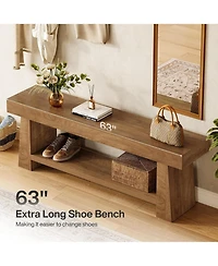 Tribesigns Wooden Entryway Bench with Shoe Storage: 63" 2-tier farmhouse bench with open shelves. Seating for hallway, foyer, end of bed