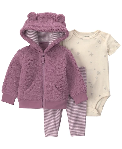 Carter's Baby Girls' Teddy Bear Fleece Jacket, Short-Sleeve Bodysuit and Pants, 3-Piece Set