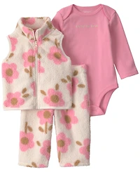 Carter's Baby Girls' Floral Fleece Vest, Long-Sleeve Bodysuit and Pants, 3-Piece Set