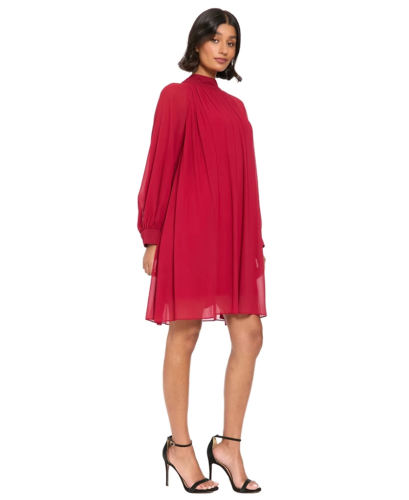 London Times Women's Petite Pleated Shift Long-Sleeve Mock-Neck Dress