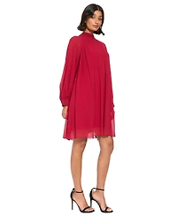London Times Women's Petite Pleated Shift Long-Sleeve Mock-Neck Dress