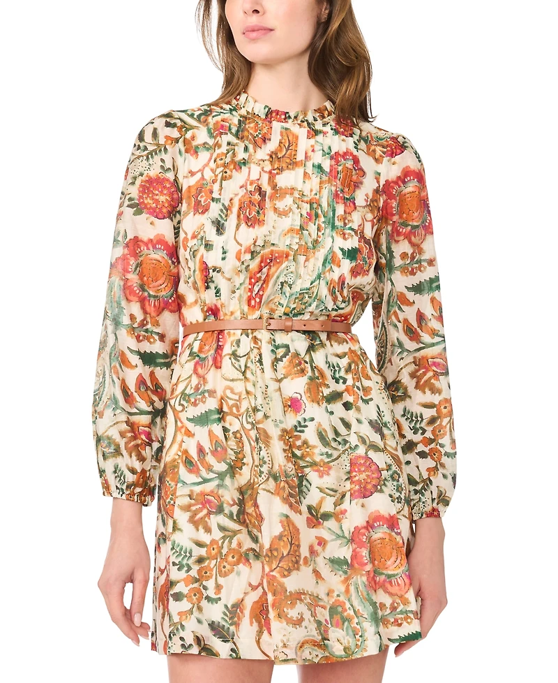 Msk Petites Ruffle Mock Neck Floral-Print Long-Sleeve Dress
