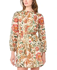 Msk Petites Ruffle Mock Neck Floral-Print Long-Sleeve Dress