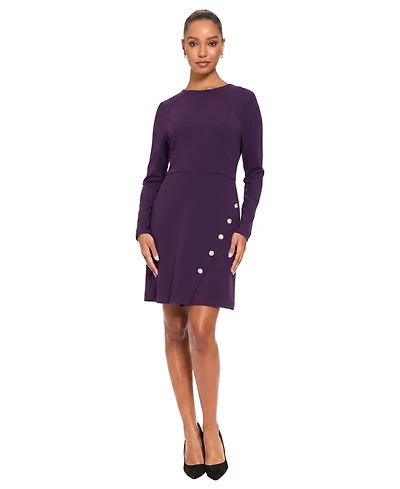 London Times Petite Long-Sleeve A-Line Crewneck Dress