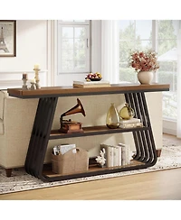 Tribesigns 55" Entryway Table with Shelves 3-Tier Console Table With Iron Frame Wooden Entry Table For Living Room,Foyer,Hallway.Industrial Style