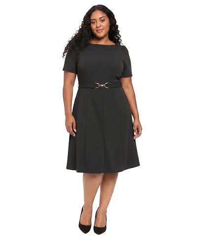 London Times Women's Plus Belted Fit & Flare Boat Neck Short Sleeve Dress