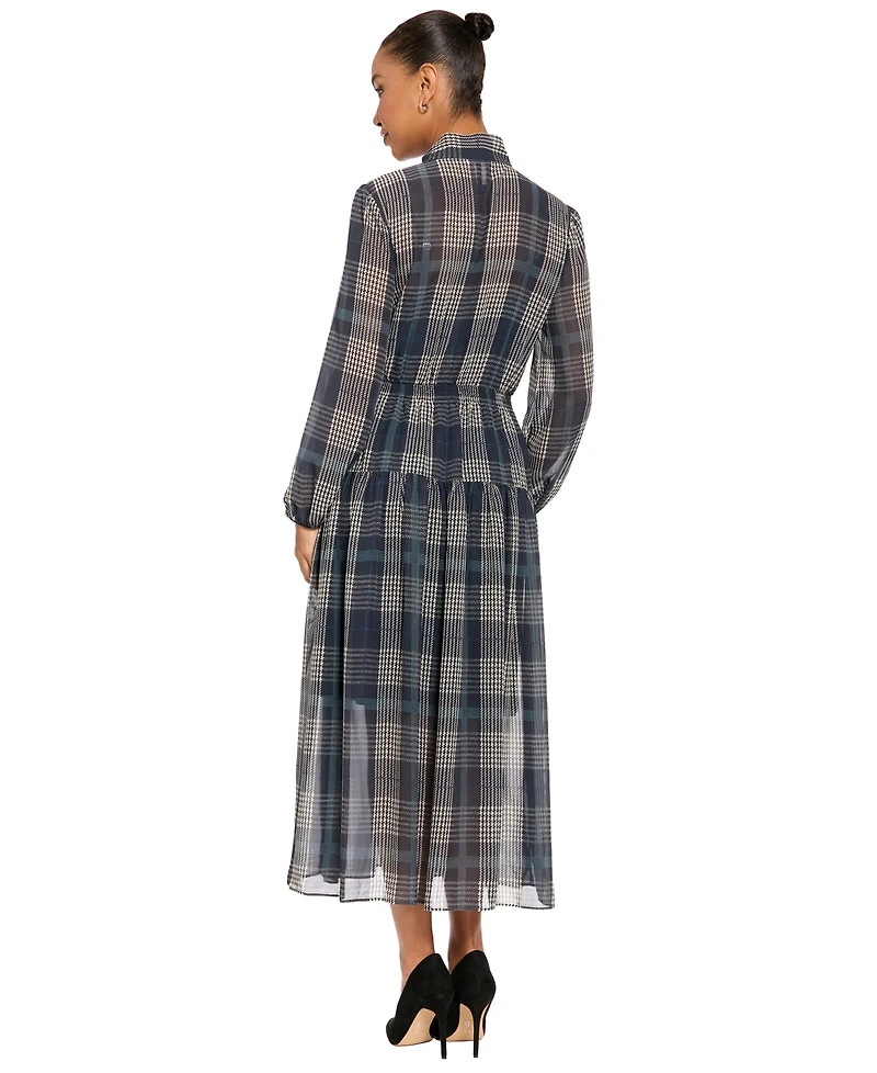 London Times Women's Plaid-Print Midi Tie-Neck Dress