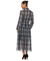 London Times Women's Plaid-Print Midi Tie-Neck Dress