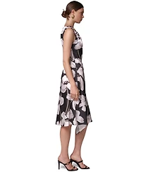 Donna Karan New York Women's Floral Asymmetrical Hem Boat Neck Midi Dress