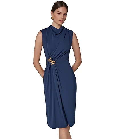Donna Karan New York Women's Sleeveless Mock Neck Gathered Waist Midi Dress