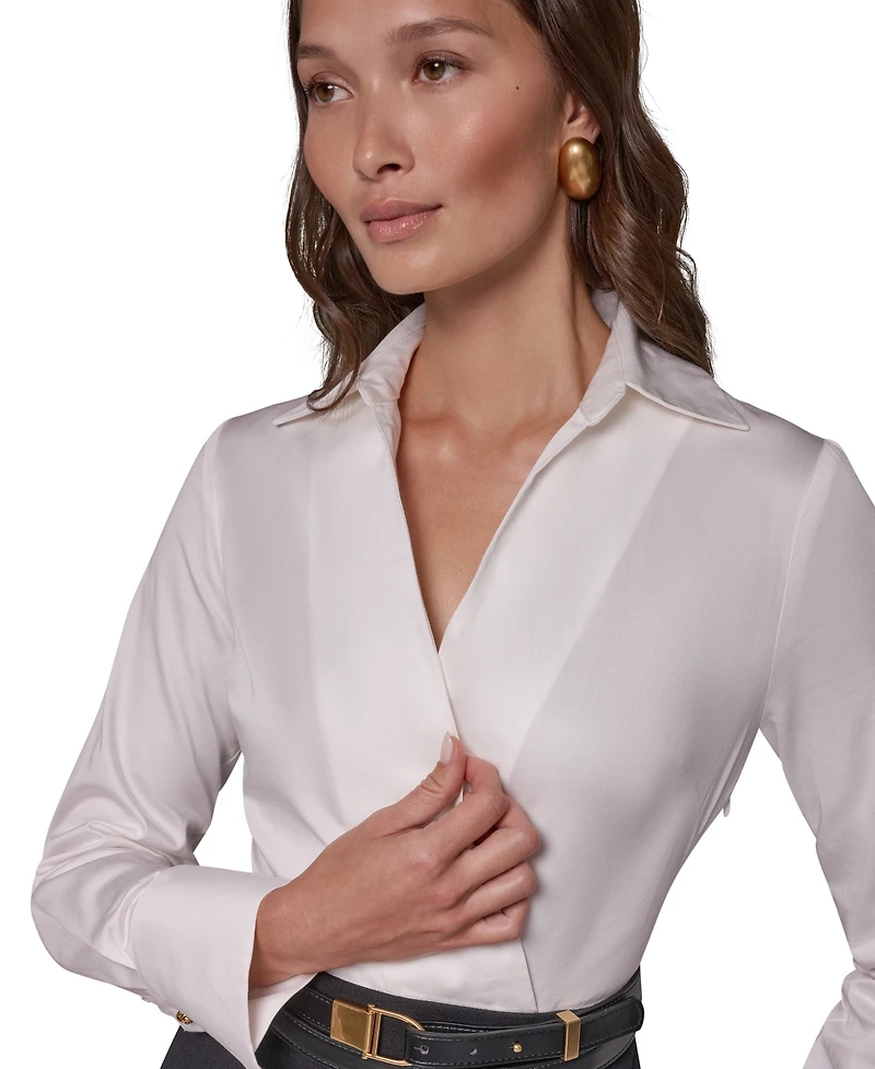 Long Sleeve Collared Mixed Media Belted Pencil Dress