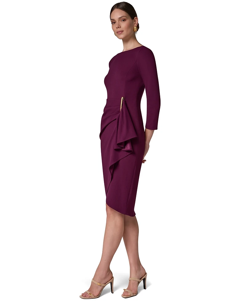 Donna Karan New York Women's Long-Sleeve Boat-Neck Side Cascade Ruffle Dress
