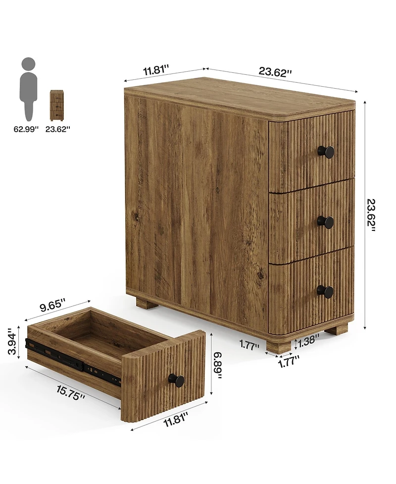 Tribesigns Nightstand with 3 Drawers, Farmhouse Fluted Narrow