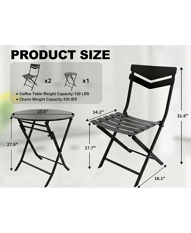 GarveeLife 3-Piece Folding Patio Bistro Set, Round Metal Table & 2 Chairs, Powder-Coated Steel, Balcony, Porch Garden