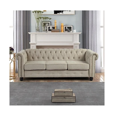 Morden Fort Linen Chesterfield 3 Seat Sofa Living Room Rolled Arm Couch with Button Tufted and Nailhead Trim