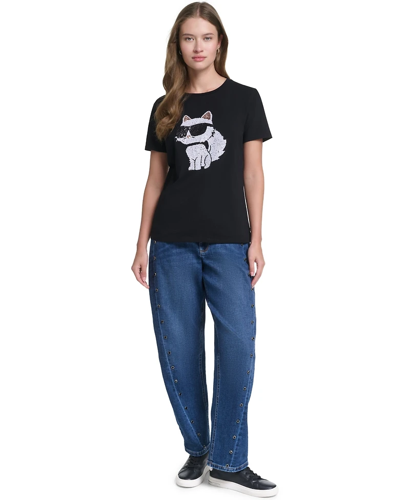 Karl Lagerfeld Paris Women's Sequin Choupette Crewneck T-Shirt