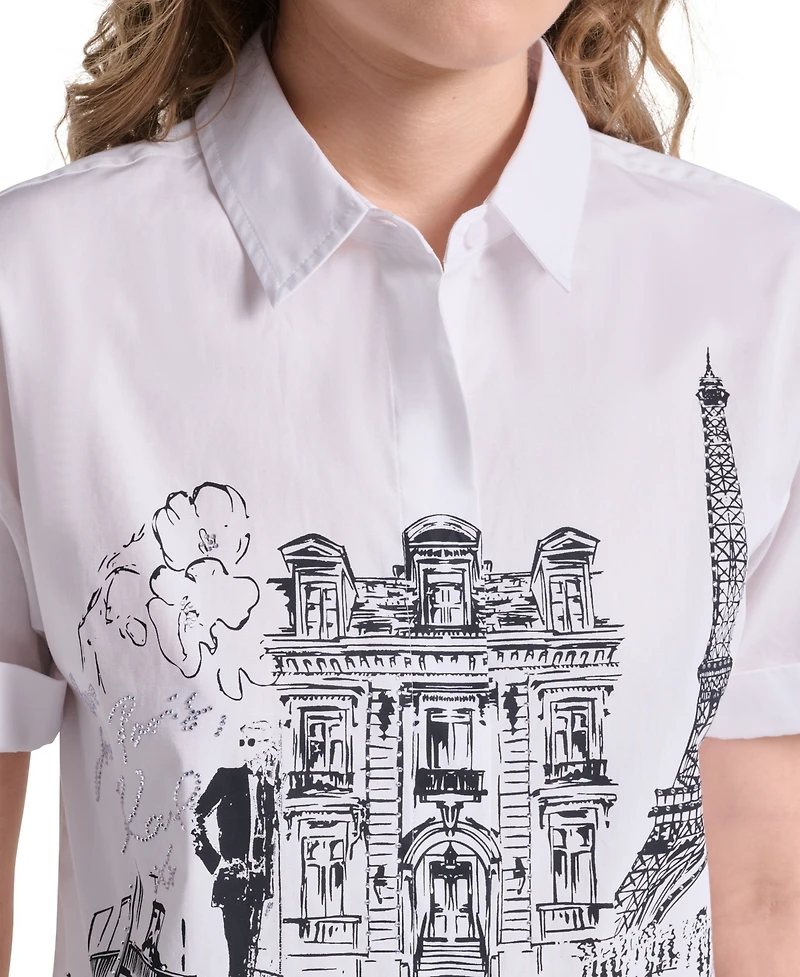 Karl Lagerfeld Paris Women's Cotton Crop Scene Button-Front Top