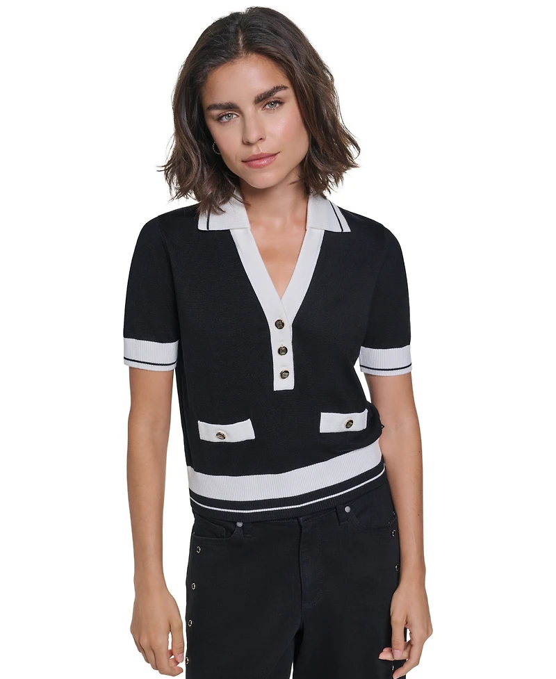 Karl Lagerfeld Paris Women's Short-Sleeve Collared Sweater