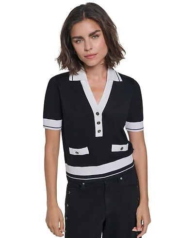 Karl Lagerfeld Paris Women's Short-Sleeve Collared Sweater