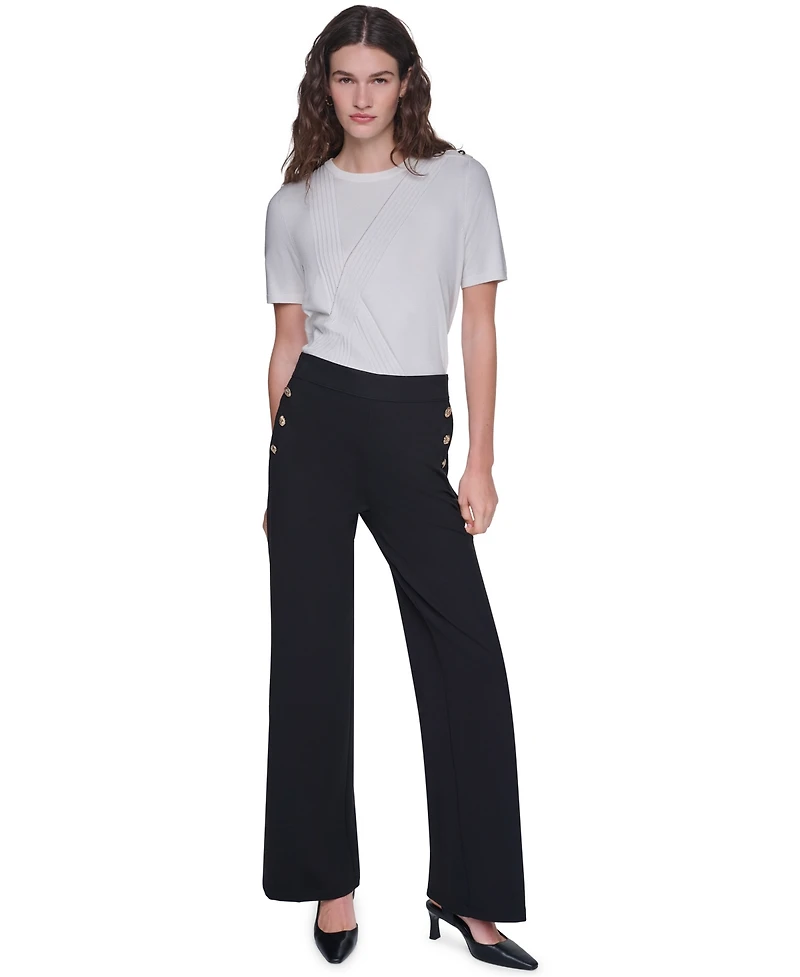 Karl Lagerfeld Paris Women's Side-Button Wide-Leg Ponte Pants